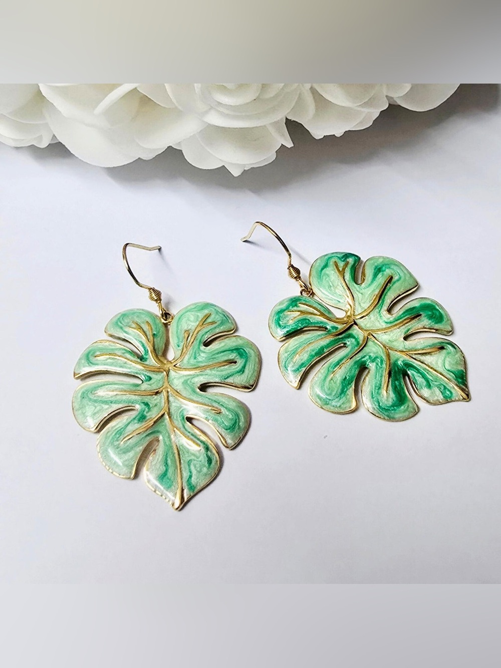 Green & Gold Accent Enamel Monstera Leaf Drop Statement Earrings Jewelry